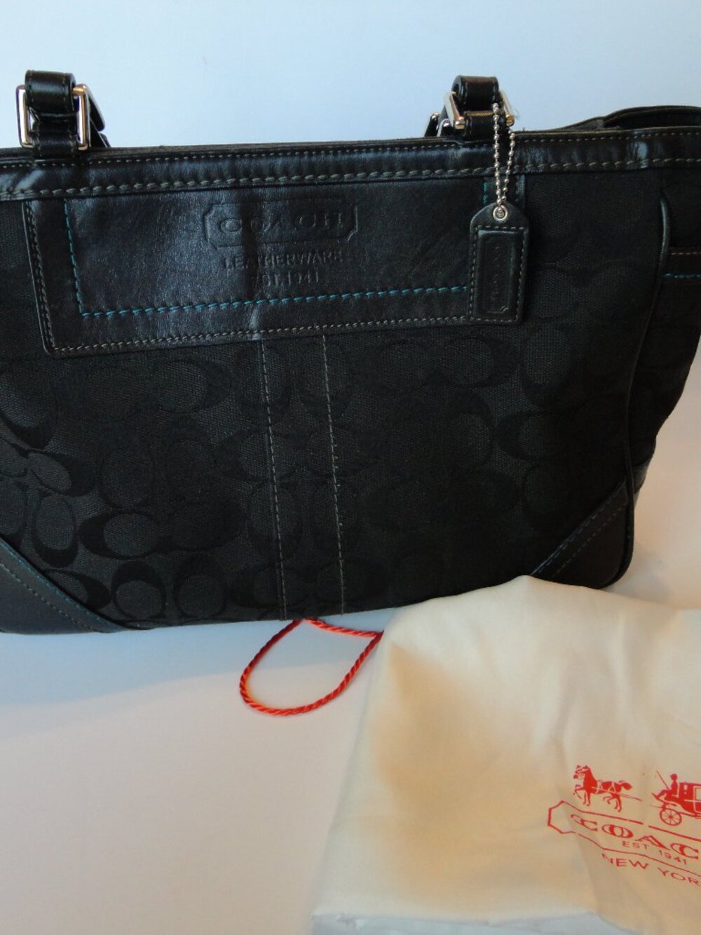 Coach Signature Vintage Tote in Black Canvas Leather Trim